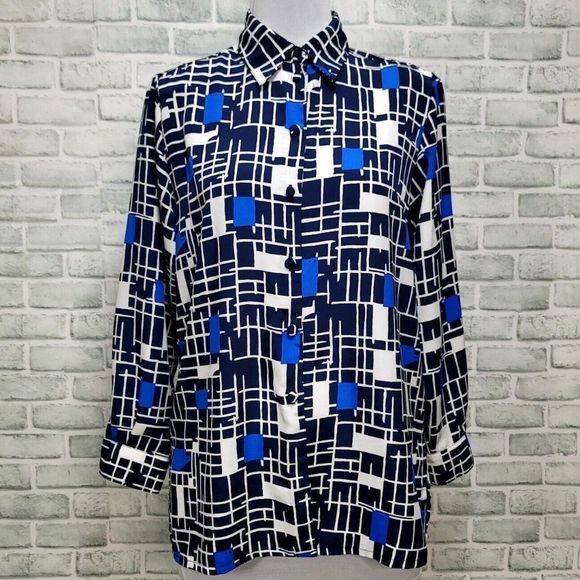 Vintage 90s Liz Baker Womens M Black Blue Abstract Geo Button Front Blouse L/S - Picture 1 of 6
